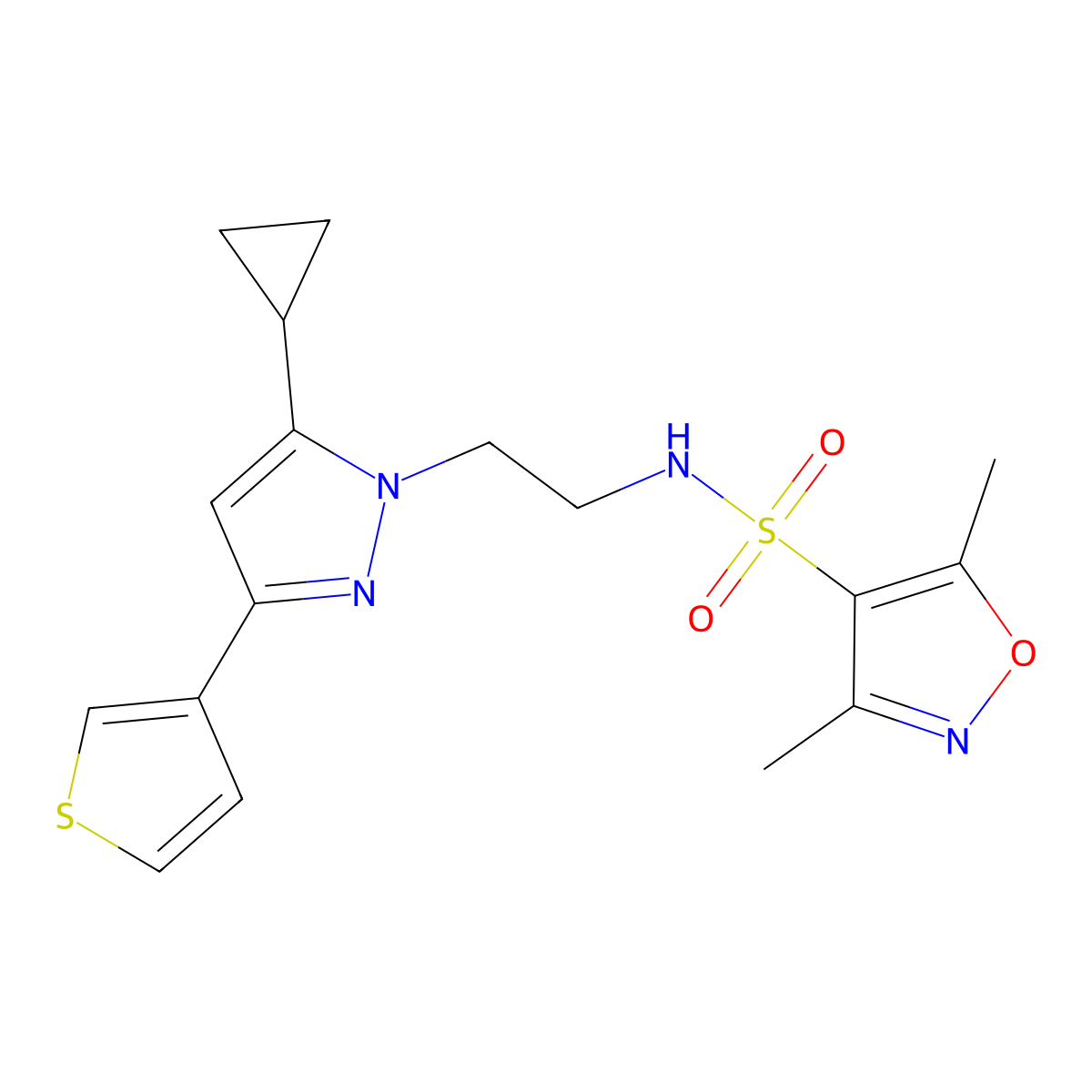 N-(2-(5-cyclopropyl-3-(thiophen-3-yl)-1H-pyrazol-1-yl)ethyl)-3,5-dimethylisoxazole-4-sulfonamide molecular structure, CAS 2034235-28-2