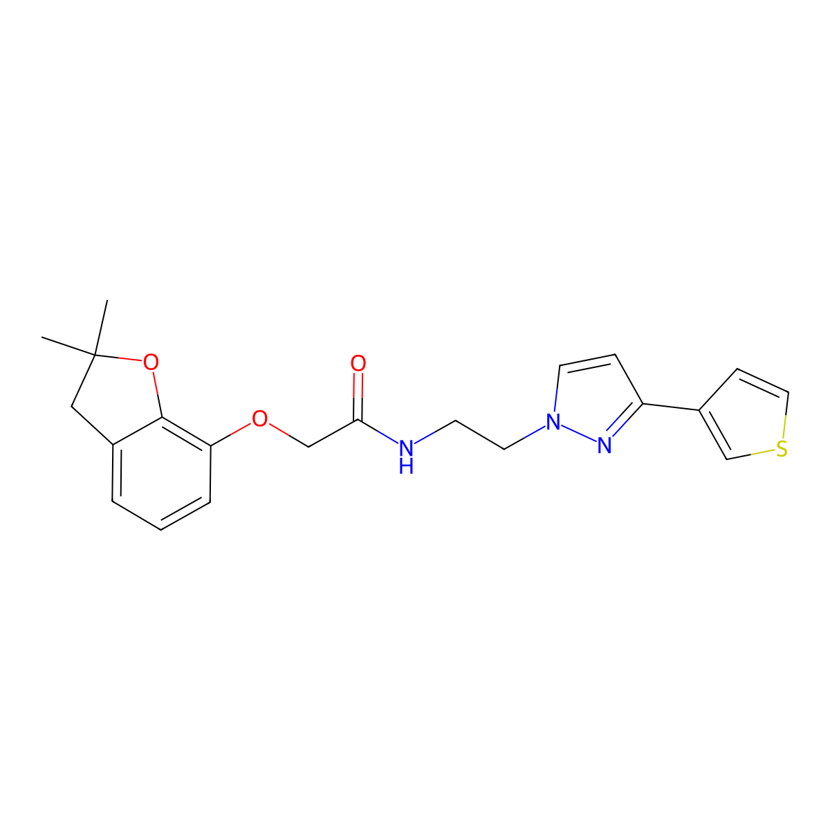 2-((2,2-dimethyl-2,3-dihydrobenzofuran-7-yl)oxy)-N-(2-(3-(thiophen-3-yl)-1H-pyrazol-1-yl)ethyl)acetamide molecular structure, CAS 2034235-30-6