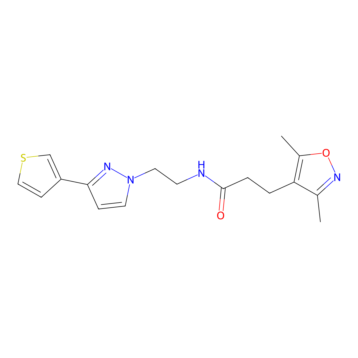 3-(3,5-dimethylisoxazol-4-yl)-N-(2-(3-(thiophen-3-yl)-1H-pyrazol-1-yl)ethyl)propanamide molecular structure, CAS 2034235-34-0