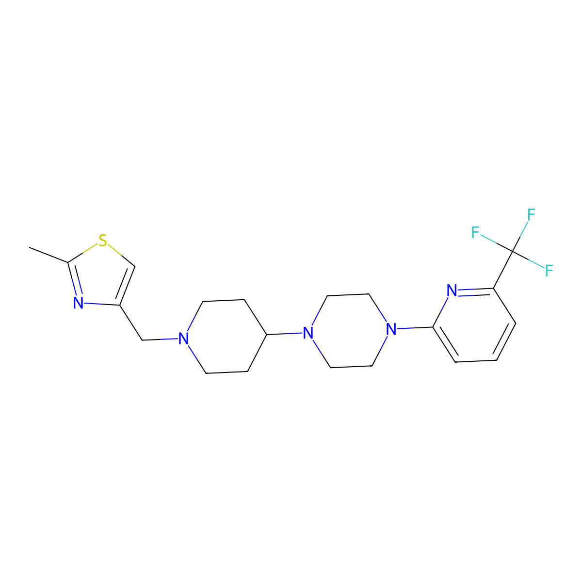 2-Methyl-4-((4-(4-(6-(trifluoromethyl)pyridin-2-yl)piperazin-1-yl)piperidin-1-yl)methyl)thiazole molecular structure, CAS 2034235-35-1
