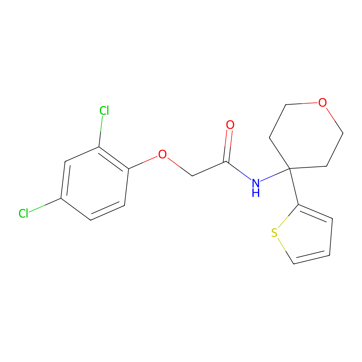 2-(2,4-dichlorophenoxy)-N-(4-(thiophen-2-yl)tetrahydro-2H-pyran-4-yl)acetamide molecular structure, CAS 2034235-40-8