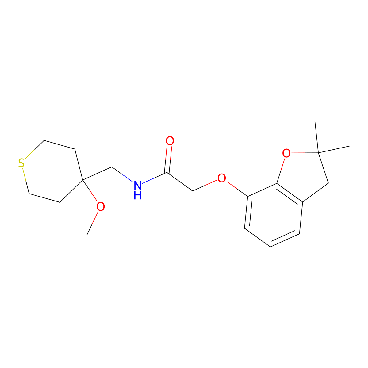 2-((2,2-dimethyl-2,3-dihydrobenzofuran-7-yl)oxy)-N-((4-methoxytetrahydro-2H-thiopyran-4-yl)methyl)acetamide molecular structure, CAS 2034235-42-0