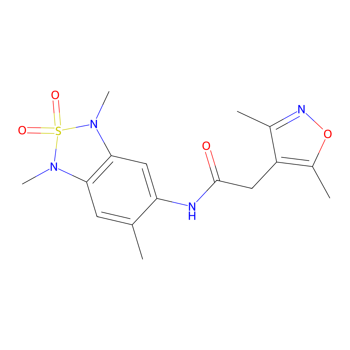 2-(3,5-dimethylisoxazol-4-yl)-N-(1,3,6-trimethyl-2,2-dioxido-1,3-dihydrobenzo[c][1,2,5]thiadiazol-5-yl)acetamide molecular structure, CAS 2034235-44-2