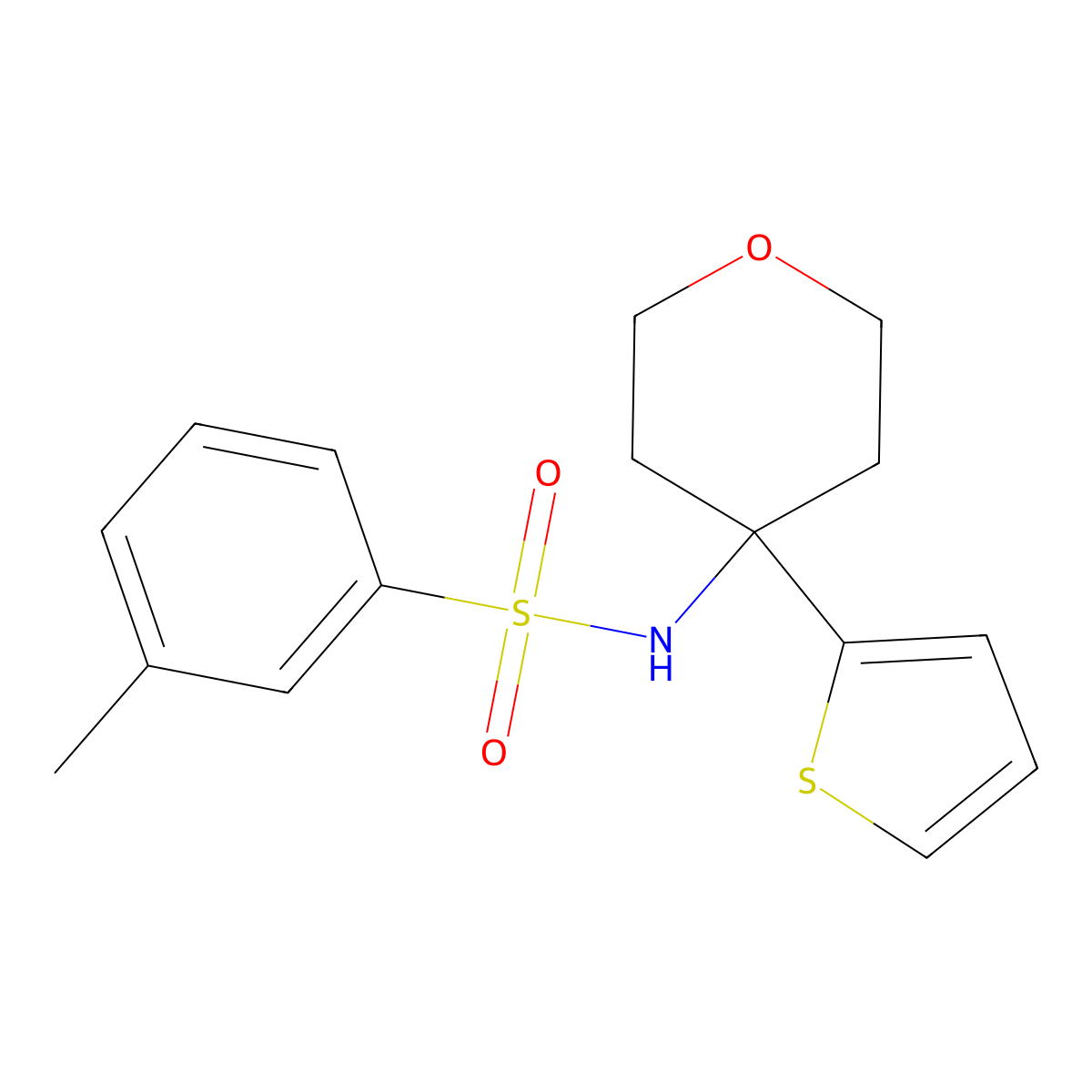 3-methyl-N-[4-(thiophen-2-yl)oxan-4-yl]benzene-1-sulfonamide molecular structure, CAS 2034235-49-7
