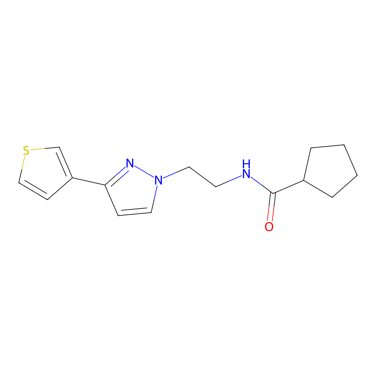N-{2-[3-(thiophen-3-yl)-1H-pyrazol-1-yl]ethyl}cyclopentanecarboxamide molecular structure, CAS 2034235-50-0