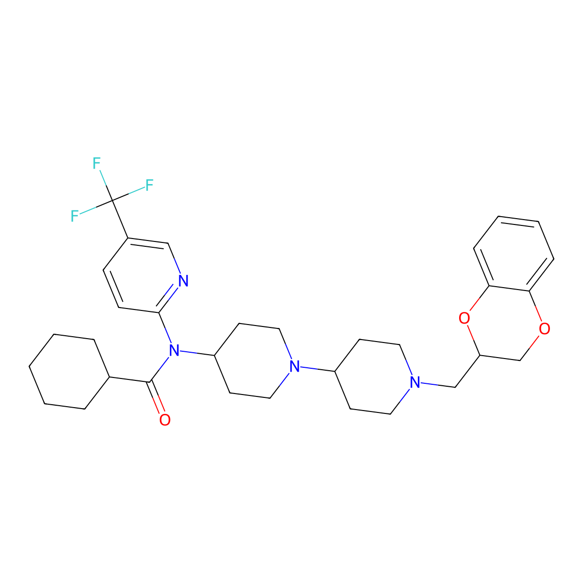 N-(1'-((2,3-dihydrobenzo[b][1,4]dioxin-2-yl)methyl)-[1,4'-bipiperidin]-4-yl)-N-(5-(trifluoromethyl)pyridin-2-yl)cyclohexanecarboxamide molecular structure, CAS 2034235-61-3