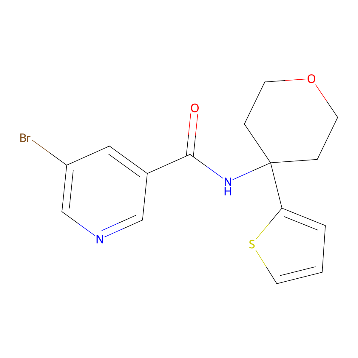 5-bromo-N-(4-(thiophen-2-yl)tetrahydro-2H-pyran-4-yl)nicotinamide molecular structure, CAS 2034235-63-5