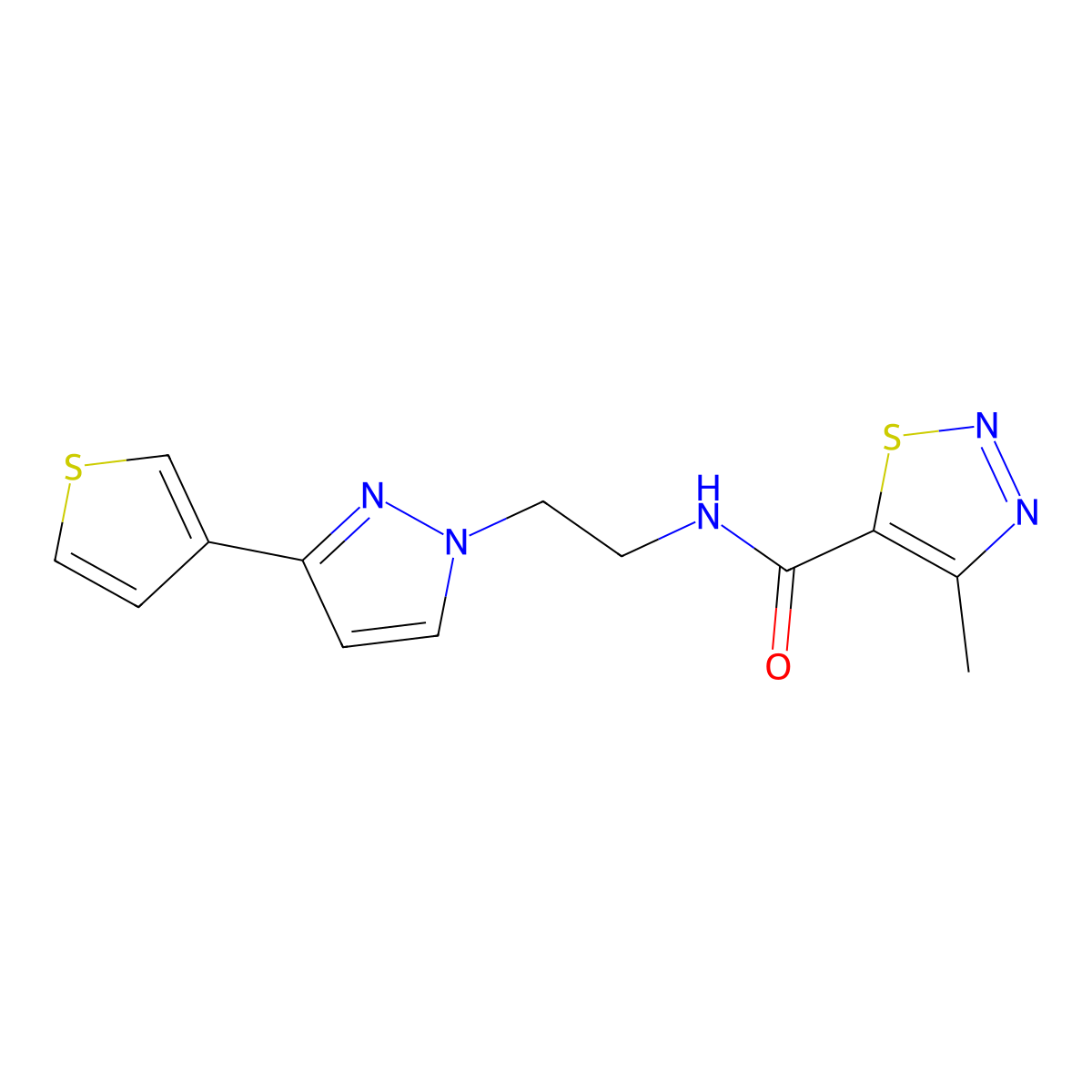 4-methyl-N-{2-[3-(thiophen-3-yl)-1H-pyrazol-1-yl]ethyl}-1,2,3-thiadiazole-5-carboxamide molecular structure, CAS 2034235-69-1