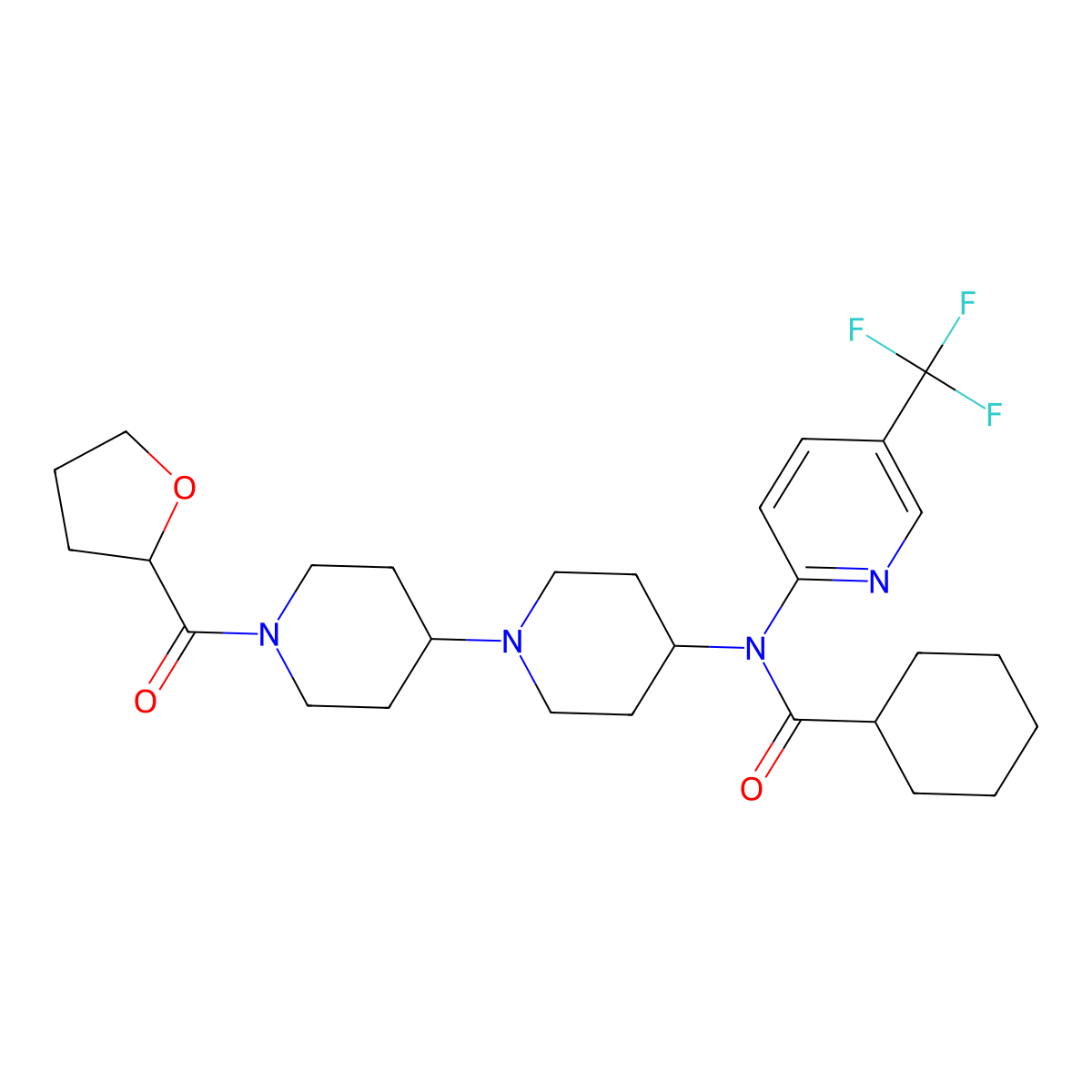 N-(1'-(tetrahydrofuran-2-carbonyl)-[1,4'-bipiperidin]-4-yl)-N-(5-(trifluoromethyl)pyridin-2-yl)cyclohexanecarboxamide molecular structure, CAS 2034235-72-6