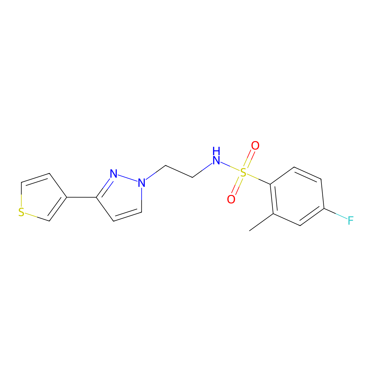 4-fluoro-2-methyl-N-(2-(3-(thiophen-3-yl)-1H-pyrazol-1-yl)ethyl)benzenesulfonamide molecular structure, CAS 2034235-78-2