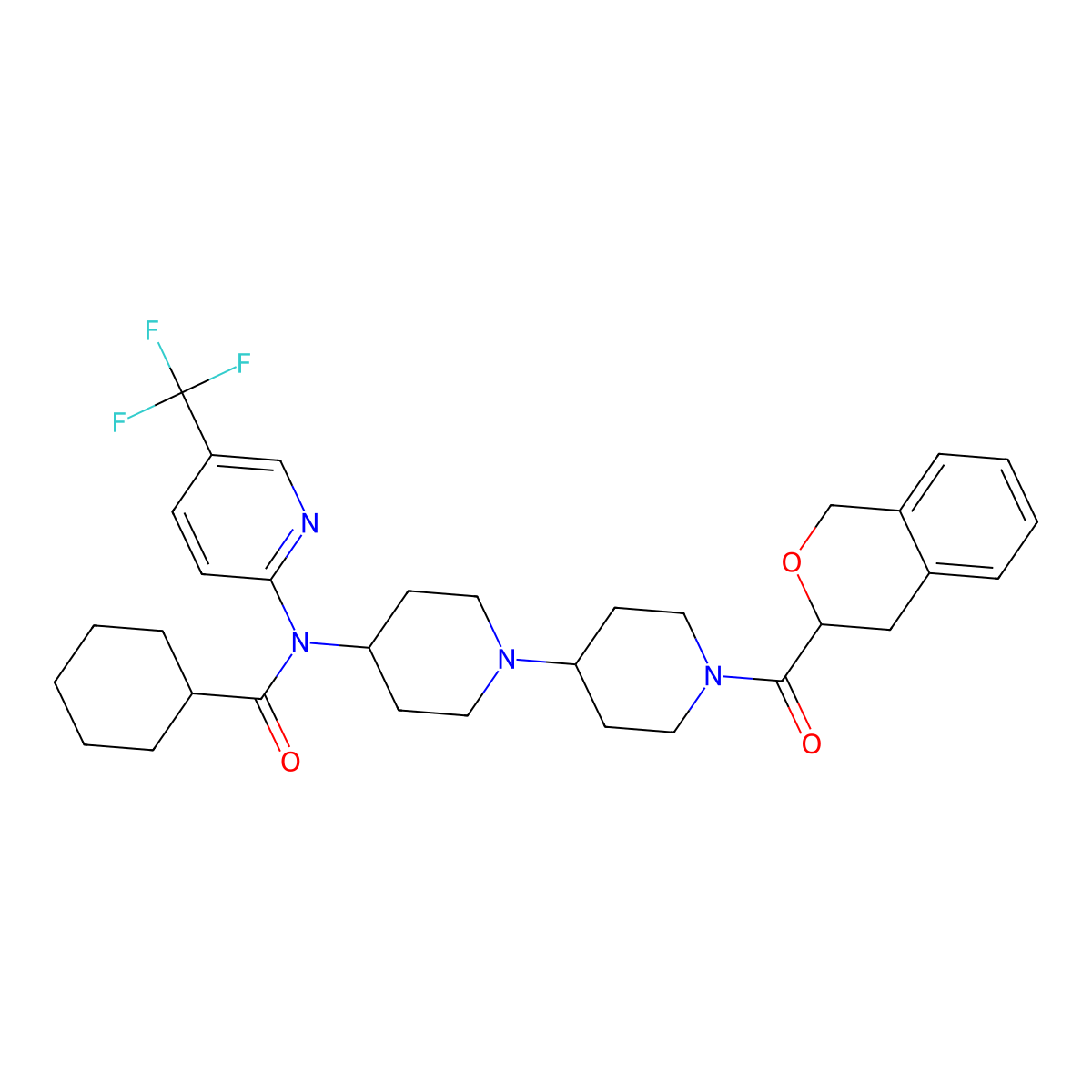 N-(1'-(isochroman-3-carbonyl)-[1,4'-bipiperidin]-4-yl)-N-(5-(trifluoromethyl)pyridin-2-yl)cyclohexanecarboxamide molecular structure, CAS 2034235-79-3