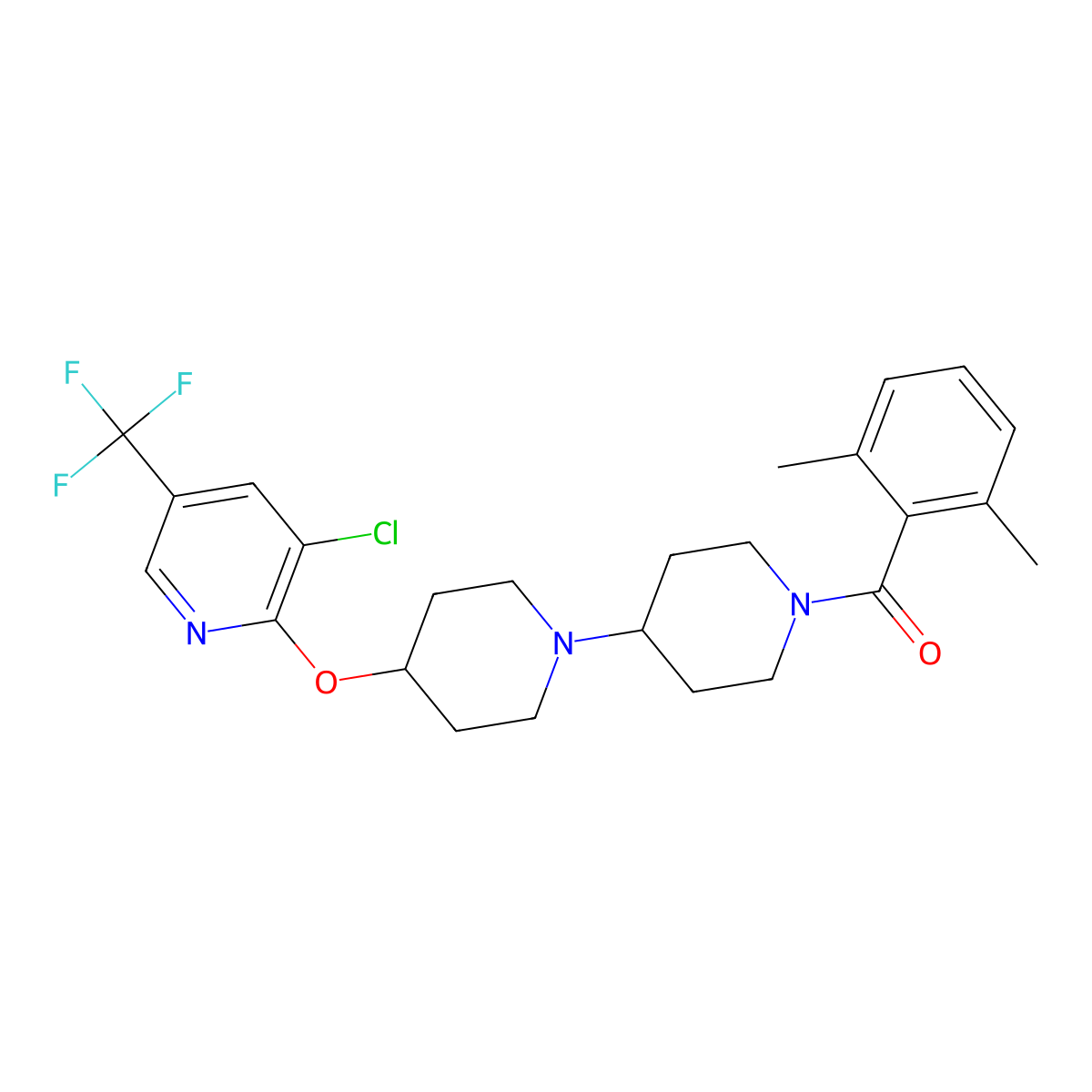 (4-((3-Chloro-5-(trifluoromethyl)pyridin-2-yl)oxy)-[1,4'-bipiperidin]-1'-yl)(2,6-dimethylphenyl)methanone molecular structure, CAS 2034235-88-4