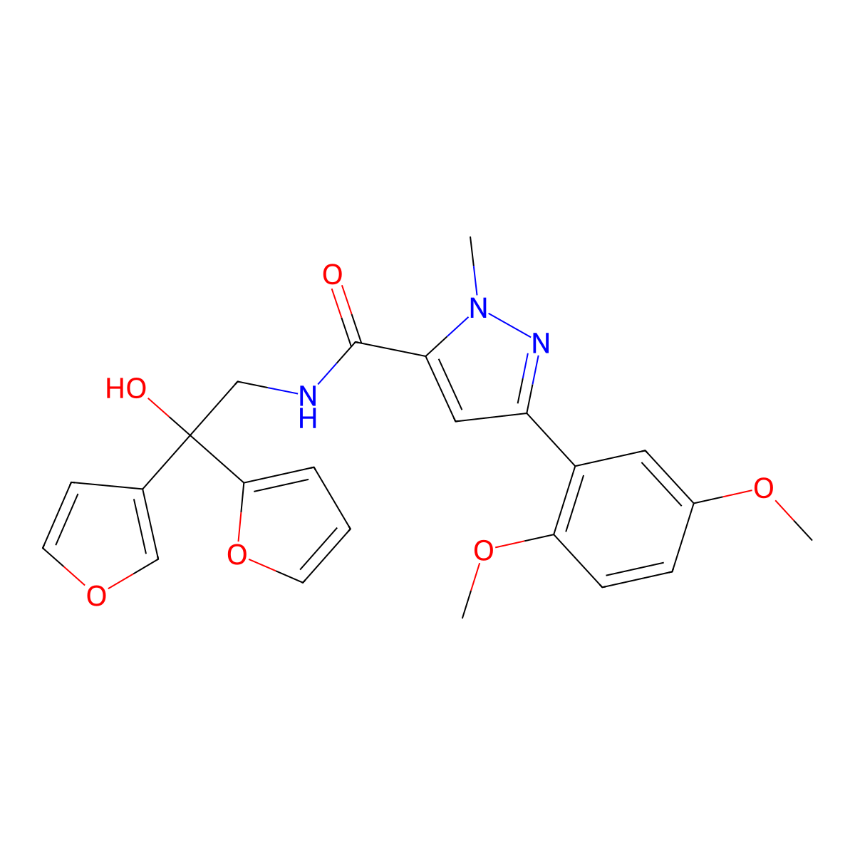 3-(2,5-dimethoxyphenyl)-N-(2-(furan-2-yl)-2-(furan-3-yl)-2-hydroxyethyl)-1-methyl-1H-pyrazole-5-carboxamide molecular structure, CAS 2034235-95-3