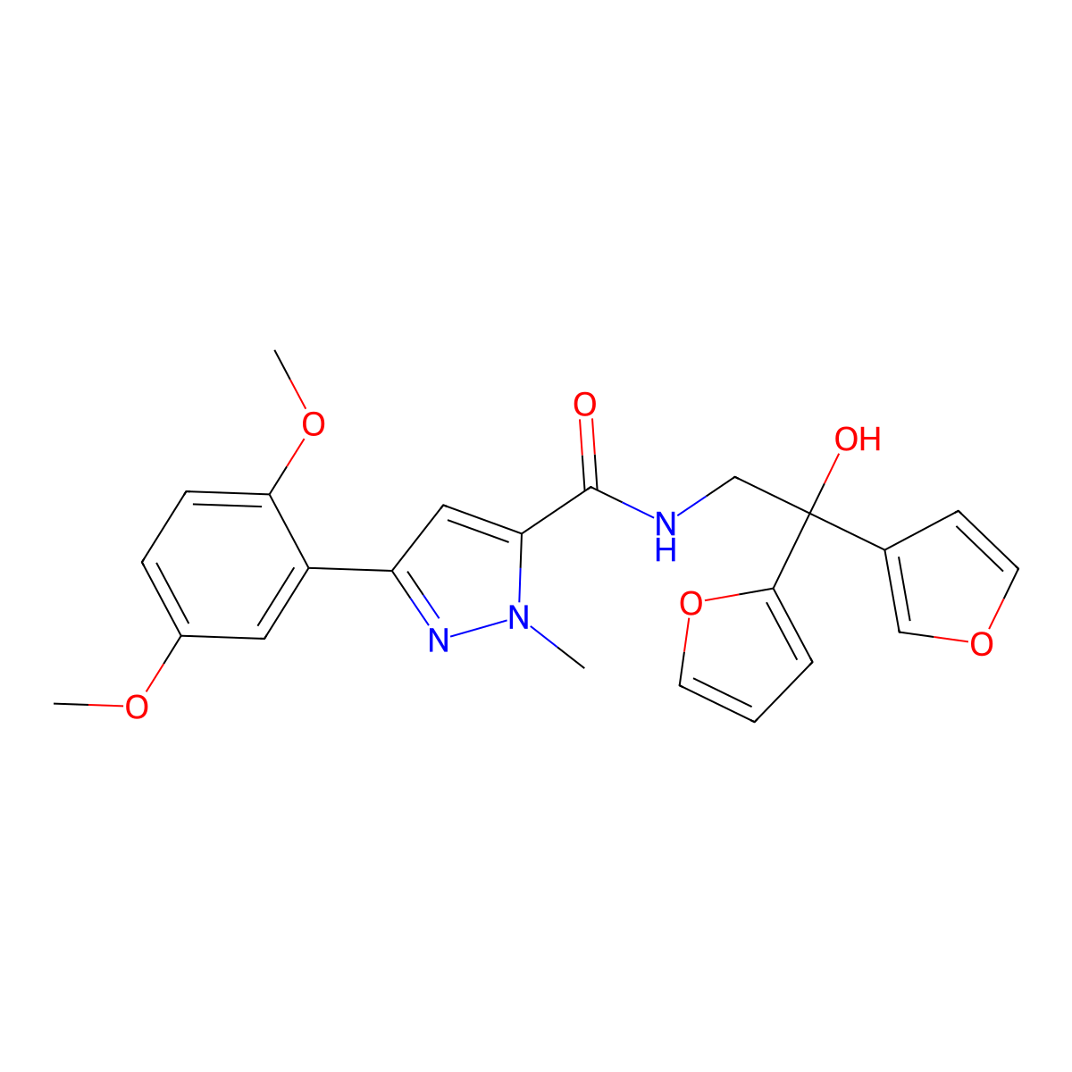 3-(2,5-dimethoxyphenyl)-N-(2-(furan-2-yl)-2-(furan-3-yl)-2-hydroxyethyl)-1-methyl-1H-pyrazole-5-carboxamide molecular structure, CAS 2034235-95-3