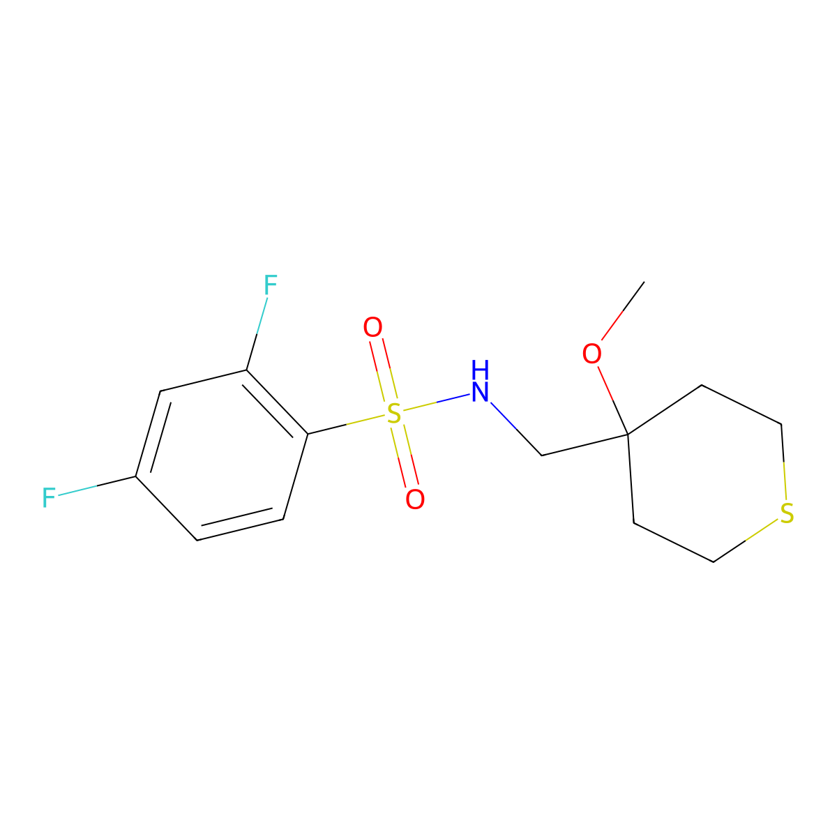 2,4-difluoro-N-((4-methoxytetrahydro-2H-thiopyran-4-yl)methyl)benzenesulfonamide molecular structure, CAS 2034236-00-3