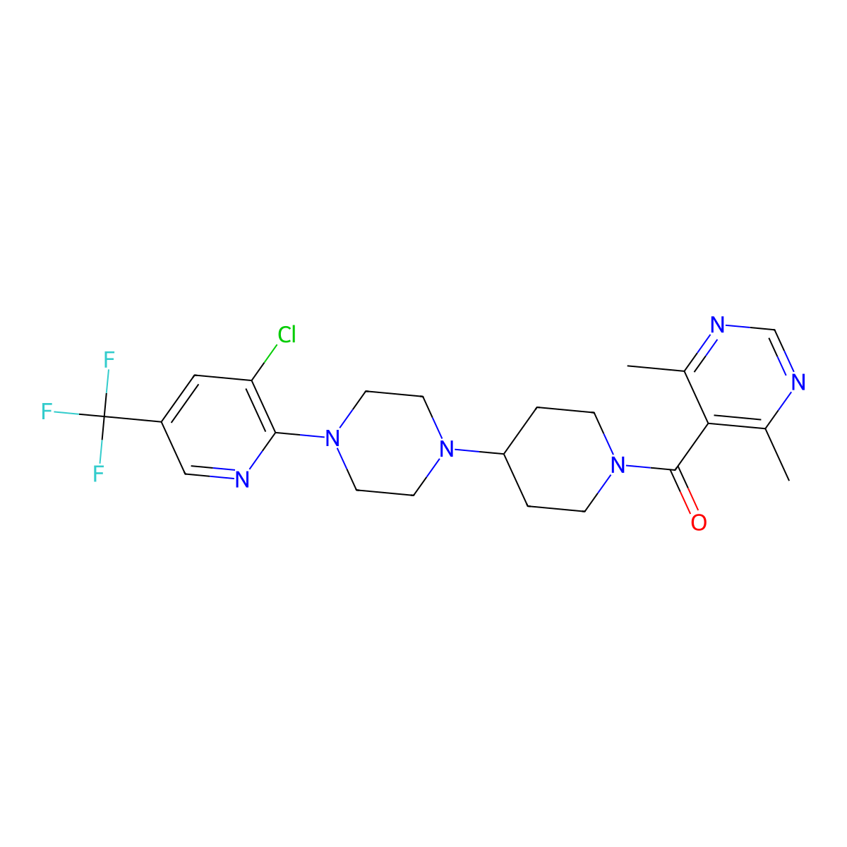 (4-(4-(3-Chloro-5-(trifluoromethyl)pyridin-2-yl)piperazin-1-yl)piperidin-1-yl)(4,6-dimethylpyrimidin-5-yl)methanone molecular structure, CAS 2034236-01-4