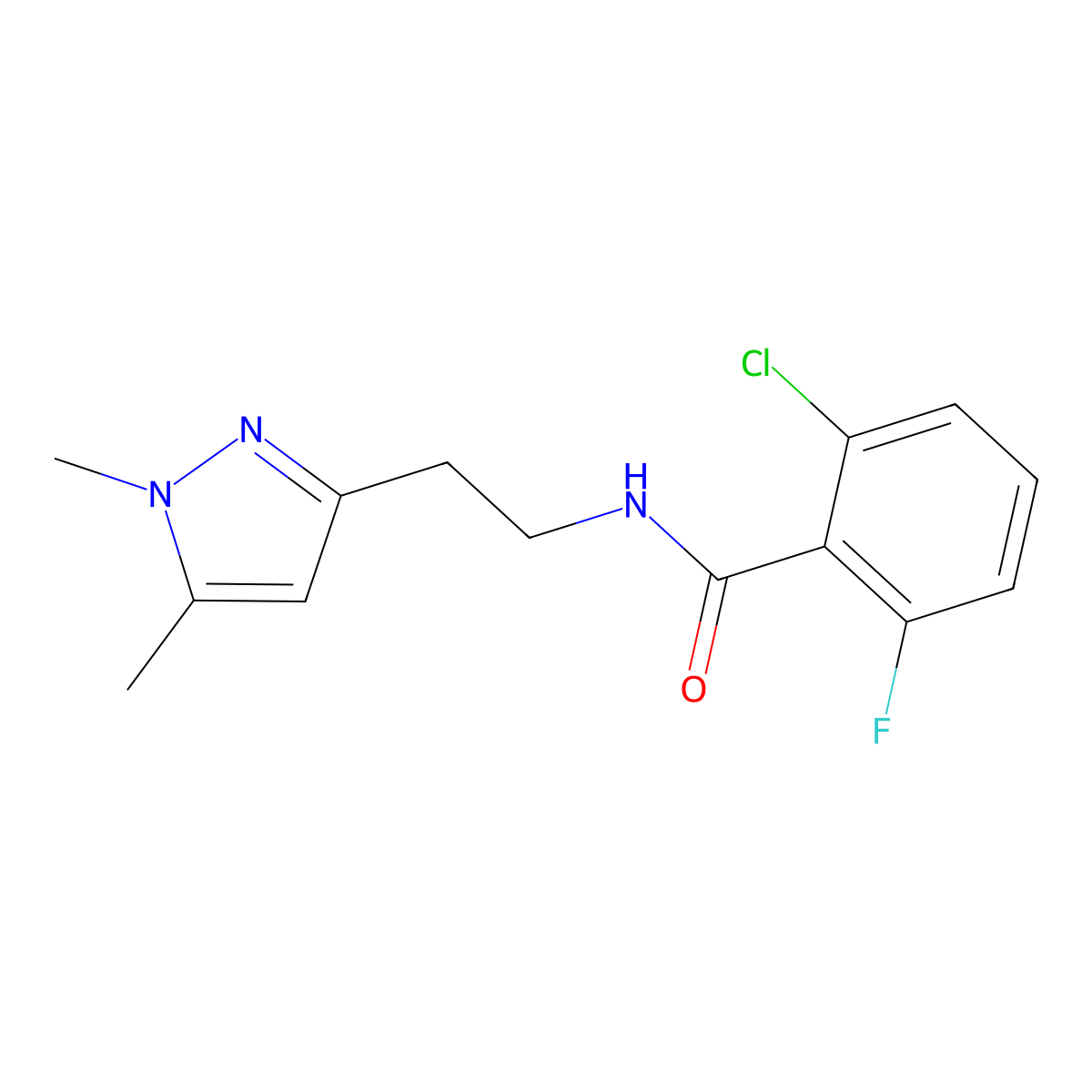 2-chloro-N-(2-(1,5-dimethyl-1H-pyrazol-3-yl)ethyl)-6-fluorobenzamide molecular structure, CAS 2034236-04-7