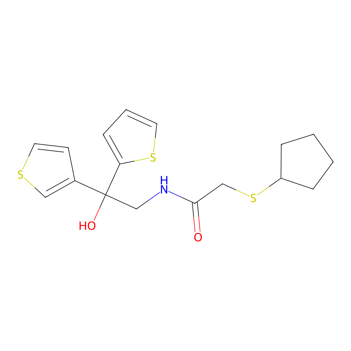 2-(cyclopentylthio)-N-(2-hydroxy-2-(thiophen-2-yl)-2-(thiophen-3-yl)ethyl)acetamide molecular structure, CAS 2034236-14-9