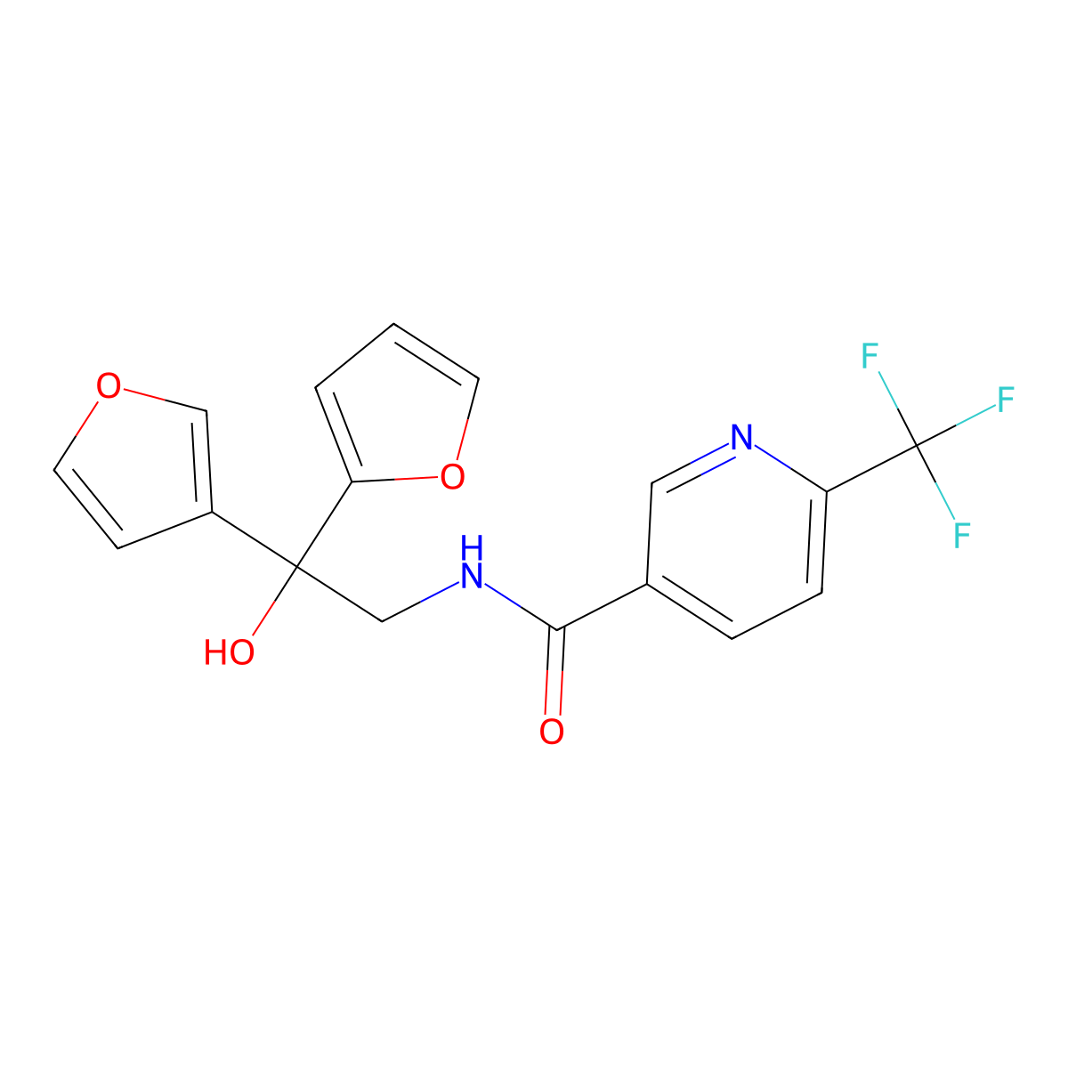 N-(2-(furan-2-yl)-2-(furan-3-yl)-2-hydroxyethyl)-6-(trifluoromethyl)nicotinamide molecular structure, CAS 2034236-17-2