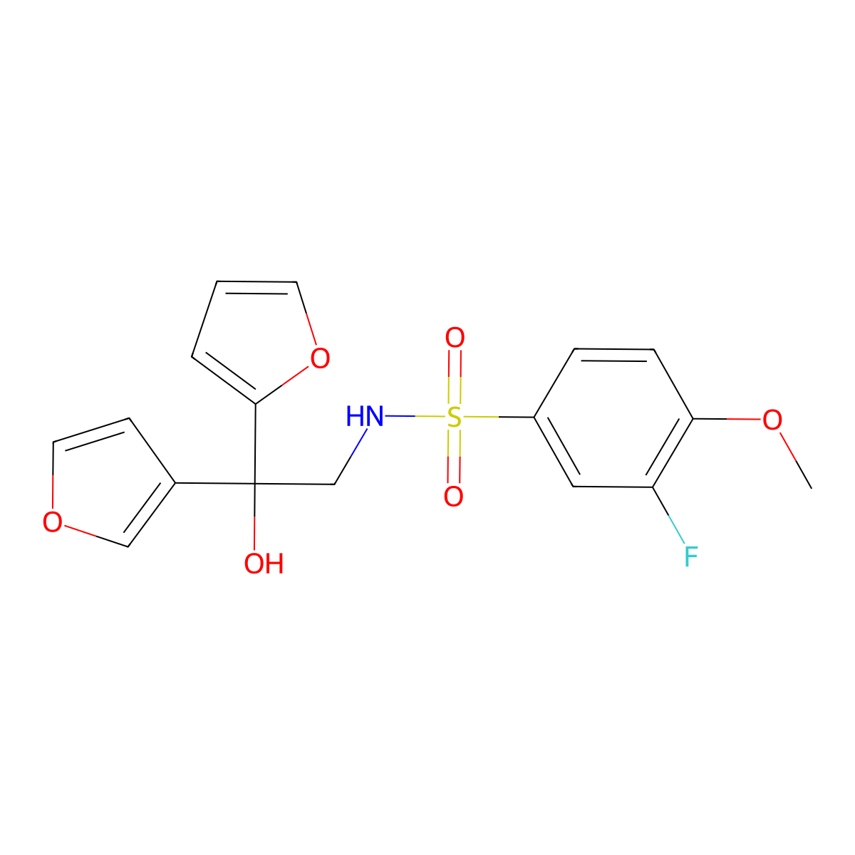 3-fluoro-N-(2-(furan-2-yl)-2-(furan-3-yl)-2-hydroxyethyl)-4-methoxybenzenesulfonamide molecular structure, CAS 2034236-20-7