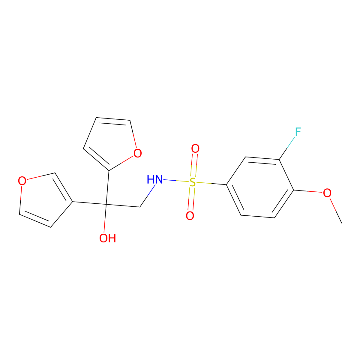3-fluoro-N-(2-(furan-2-yl)-2-(furan-3-yl)-2-hydroxyethyl)-4-methoxybenzenesulfonamide molecular structure, CAS 2034236-20-7