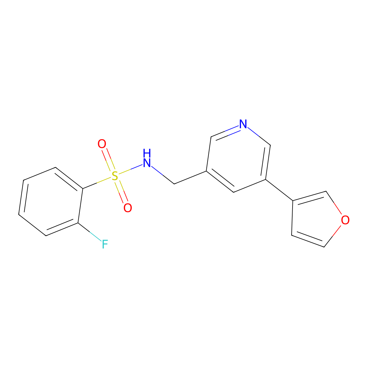 2-fluoro-N-((5-(furan-3-yl)pyridin-3-yl)methyl)benzenesulfonamide molecular structure, CAS 2034236-32-1