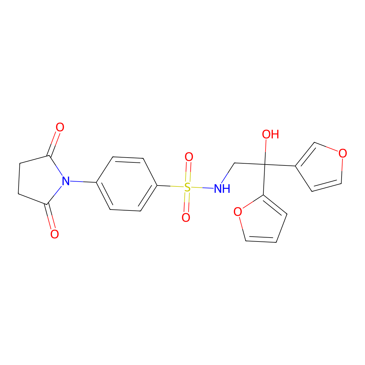 4-(2,5-dioxopyrrolidin-1-yl)-N-(2-(furan-2-yl)-2-(furan-3-yl)-2-hydroxyethyl)benzenesulfonamide molecular structure, CAS 2034236-49-0
