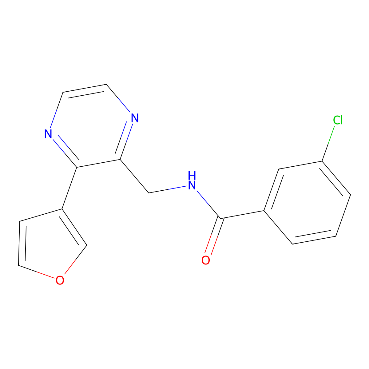3-chloro-N-((3-(furan-3-yl)pyrazin-2-yl)methyl)benzamide molecular structure, CAS 2034236-67-2