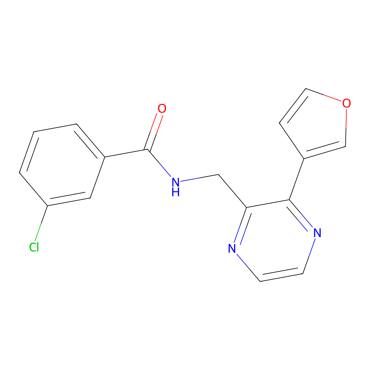 3-chloro-N-((3-(furan-3-yl)pyrazin-2-yl)methyl)benzamide molecular structure, CAS 2034236-67-2