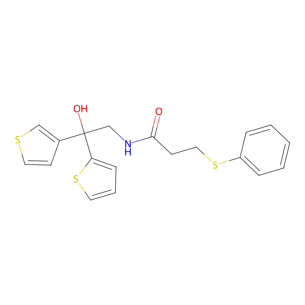 N-(2-hydroxy-2-(thiophen-2-yl)-2-(thiophen-3-yl)ethyl)-3-(phenylthio)propanamide molecular structure, CAS 2034236-68-3