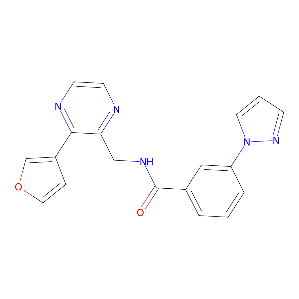 N-((3-(furan-3-yl)pyrazin-2-yl)methyl)-3-(1H-pyrazol-1-yl)benzamide molecular structure, CAS 2034236-87-6