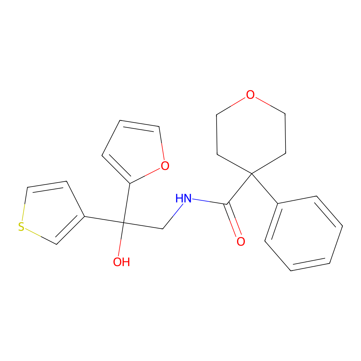 N-(2-(furan-2-yl)-2-hydroxy-2-(thiophen-3-yl)ethyl)-4-phenyltetrahydro-2H-pyran-4-carboxamide molecular structure, CAS 2034237-20-0