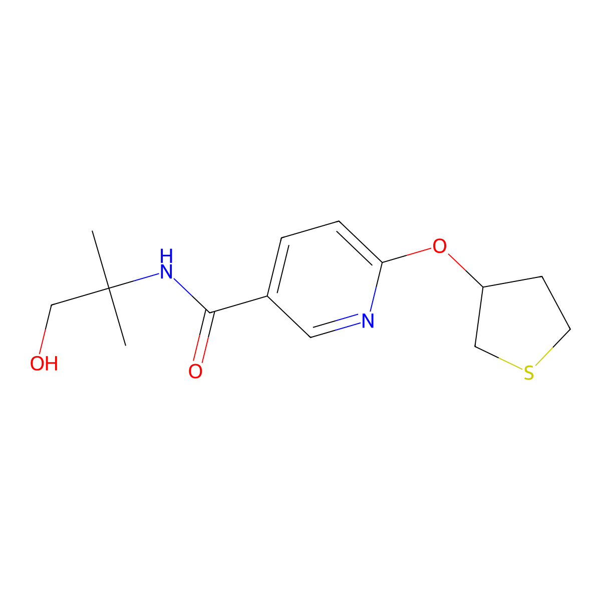 N-(1-hydroxy-2-methylpropan-2-yl)-6-(thiolan-3-yloxy)pyridine-3-carboxamide molecular structure, CAS 2034237-31-3