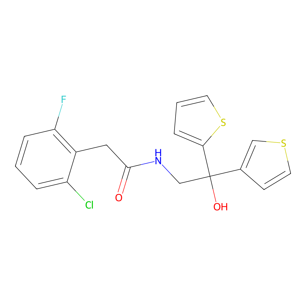 2-(2-chloro-6-fluorophenyl)-N-[2-hydroxy-2-(thiophen-2-yl)-2-(thiophen-3-yl)ethyl]acetamide molecular structure, CAS 2034237-36-8