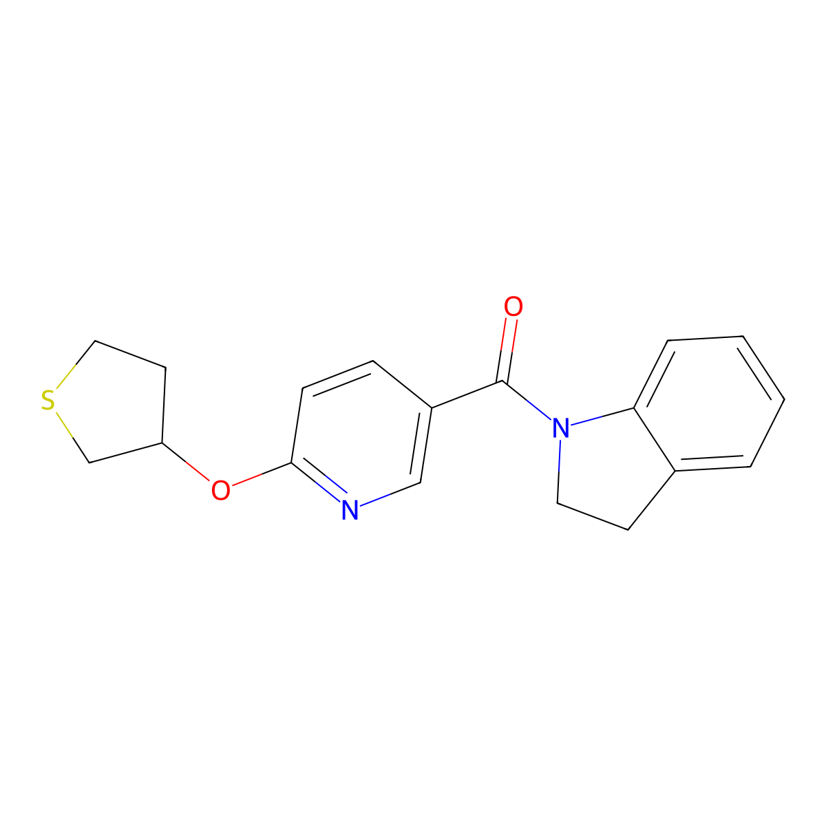 Indolin-1-yl(6-((tetrahydrothiophen-3-yl)oxy)pyridin-3-yl)methanone molecular structure, CAS 2034237-40-4