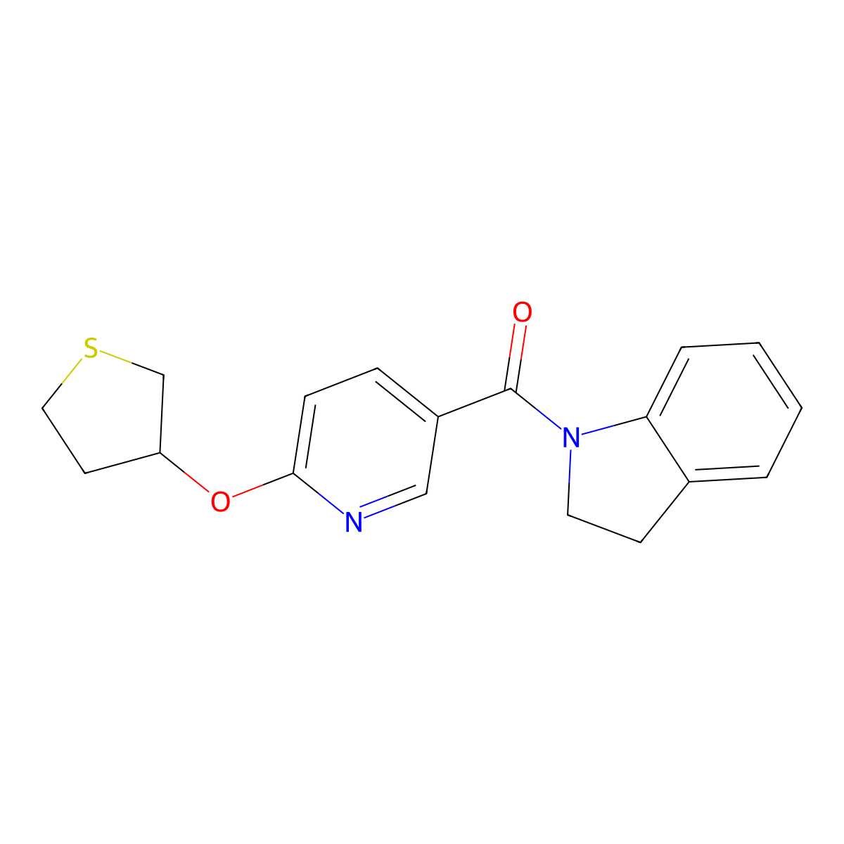 Indolin-1-yl(6-((tetrahydrothiophen-3-yl)oxy)pyridin-3-yl)methanone molecular structure, CAS 2034237-40-4