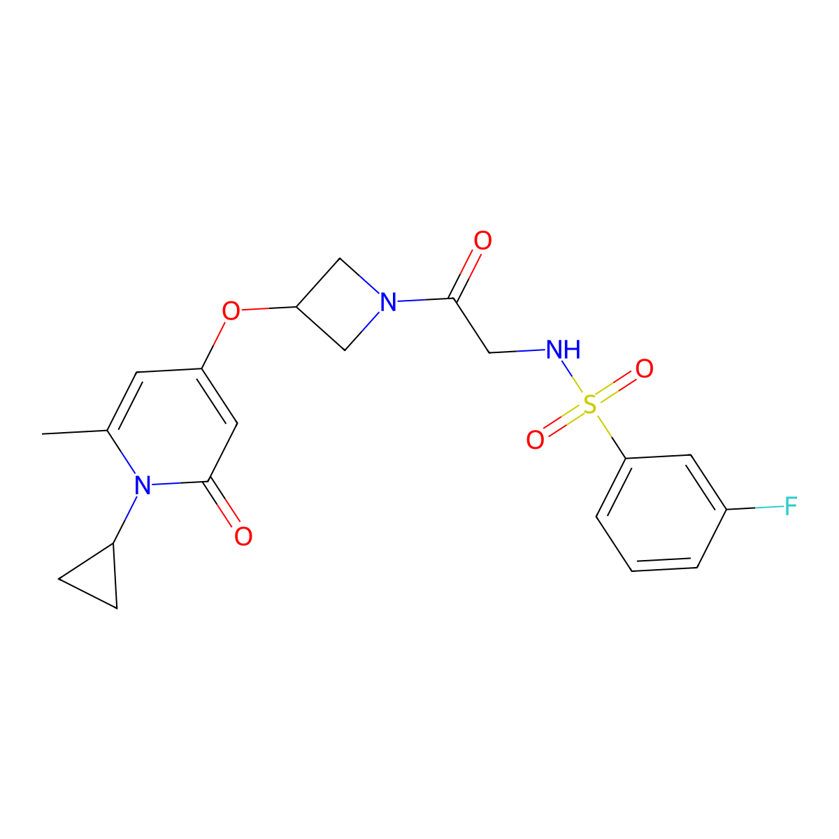 N-(2-(3-((1-cyclopropyl-6-methyl-2-oxo-1,2-dihydropyridin-4-yl)oxy)azetidin-1-yl)-2-oxoethyl)-3-fluorobenzenesulfonamide molecular structure, CAS 2034237-67-5