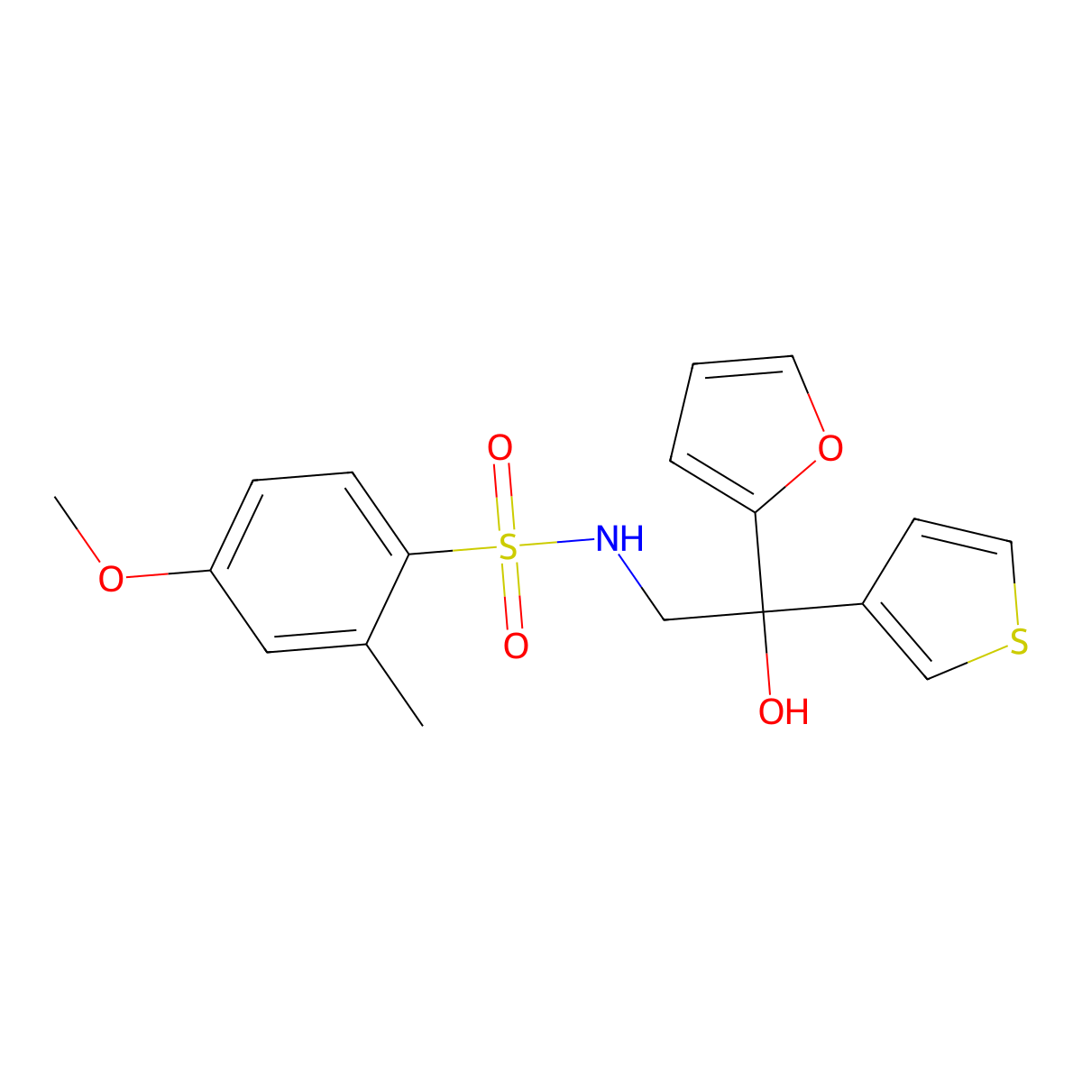 N-(2-(furan-2-yl)-2-hydroxy-2-(thiophen-3-yl)ethyl)-4-methoxy-2-methylbenzenesulfonamide molecular structure, CAS 2034237-74-4