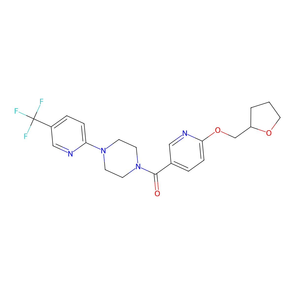 (6-((Tetrahydrofuran-2-yl)methoxy)pyridin-3-yl)(4-(5-(trifluoromethyl)pyridin-2-yl)piperazin-1-yl)methanone molecular structure, CAS 2034237-79-9