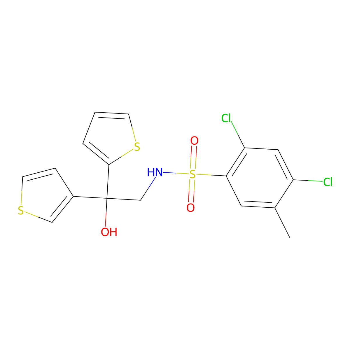 2,4-dichloro-N-(2-hydroxy-2-(thiophen-2-yl)-2-(thiophen-3-yl)ethyl)-5-methylbenzenesulfonamide molecular structure, CAS 2034237-81-3