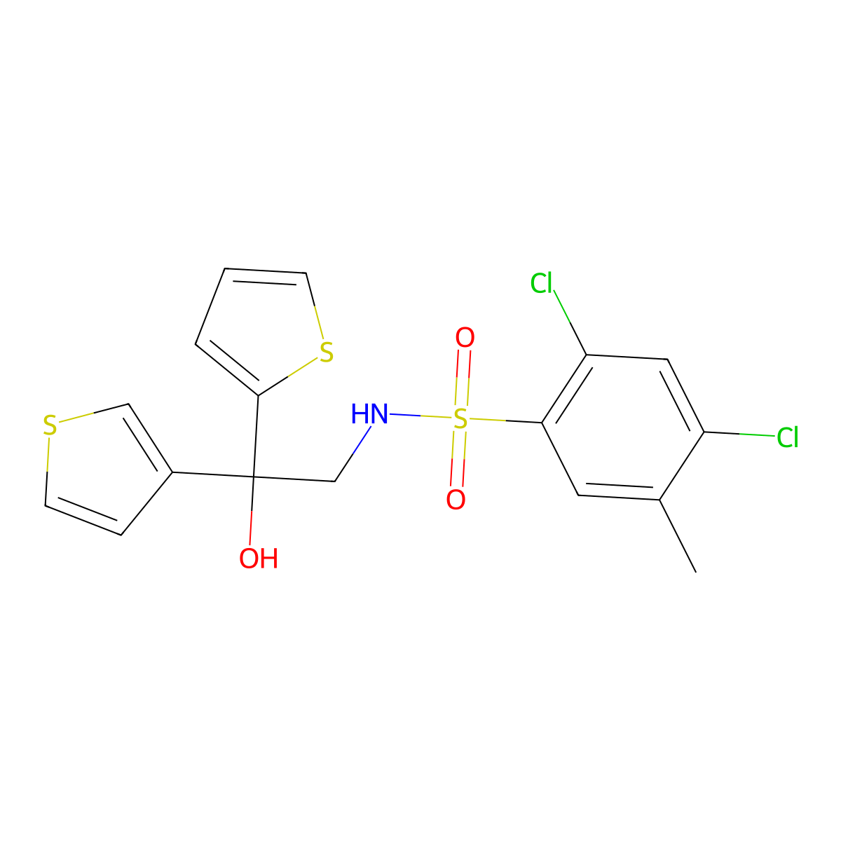 2,4-dichloro-N-(2-hydroxy-2-(thiophen-2-yl)-2-(thiophen-3-yl)ethyl)-5-methylbenzenesulfonamide molecular structure, CAS 2034237-81-3