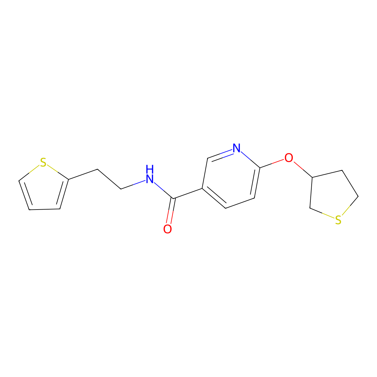 6-((tetrahydrothiophen-3-yl)oxy)-N-(2-(thiophen-2-yl)ethyl)nicotinamide molecular structure, CAS 2034237-87-9