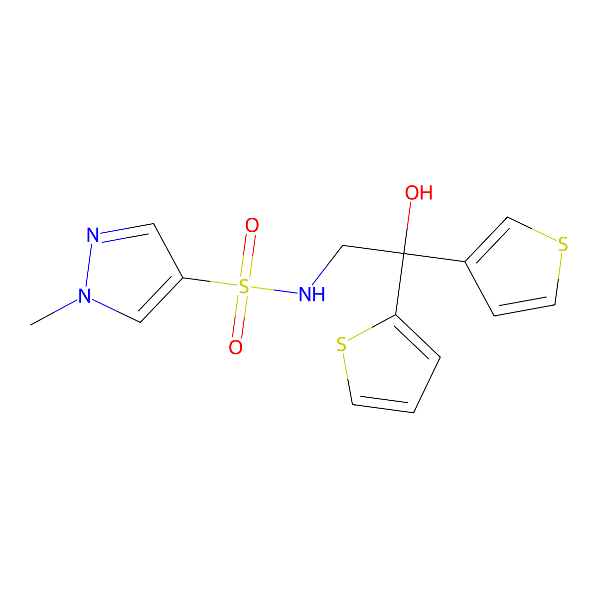 N-(2-hydroxy-2-(thiophen-2-yl)-2-(thiophen-3-yl)ethyl)-1-methyl-1H-pyrazole-4-sulfonamide molecular structure, CAS 2034237-88-0
