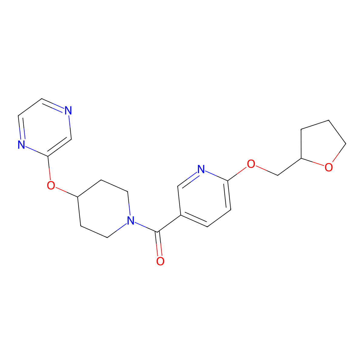 (4-(Pyrazin-2-yloxy)piperidin-1-yl)(6-((tetrahydrofuran-2-yl)methoxy)pyridin-3-yl)methanone molecular structure, CAS 2034237-95-9