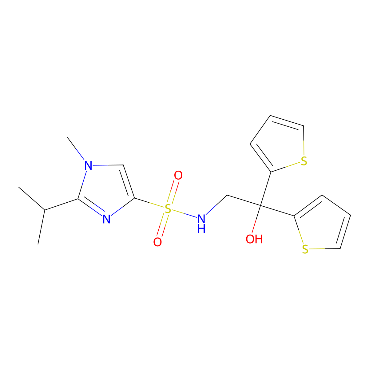 N-[2-hydroxy-2,2-bis(thiophen-2-yl)ethyl]-1-methyl-2-(propan-2-yl)-1H-imidazole-4-sulfonamide molecular structure, CAS 2034238-10-1