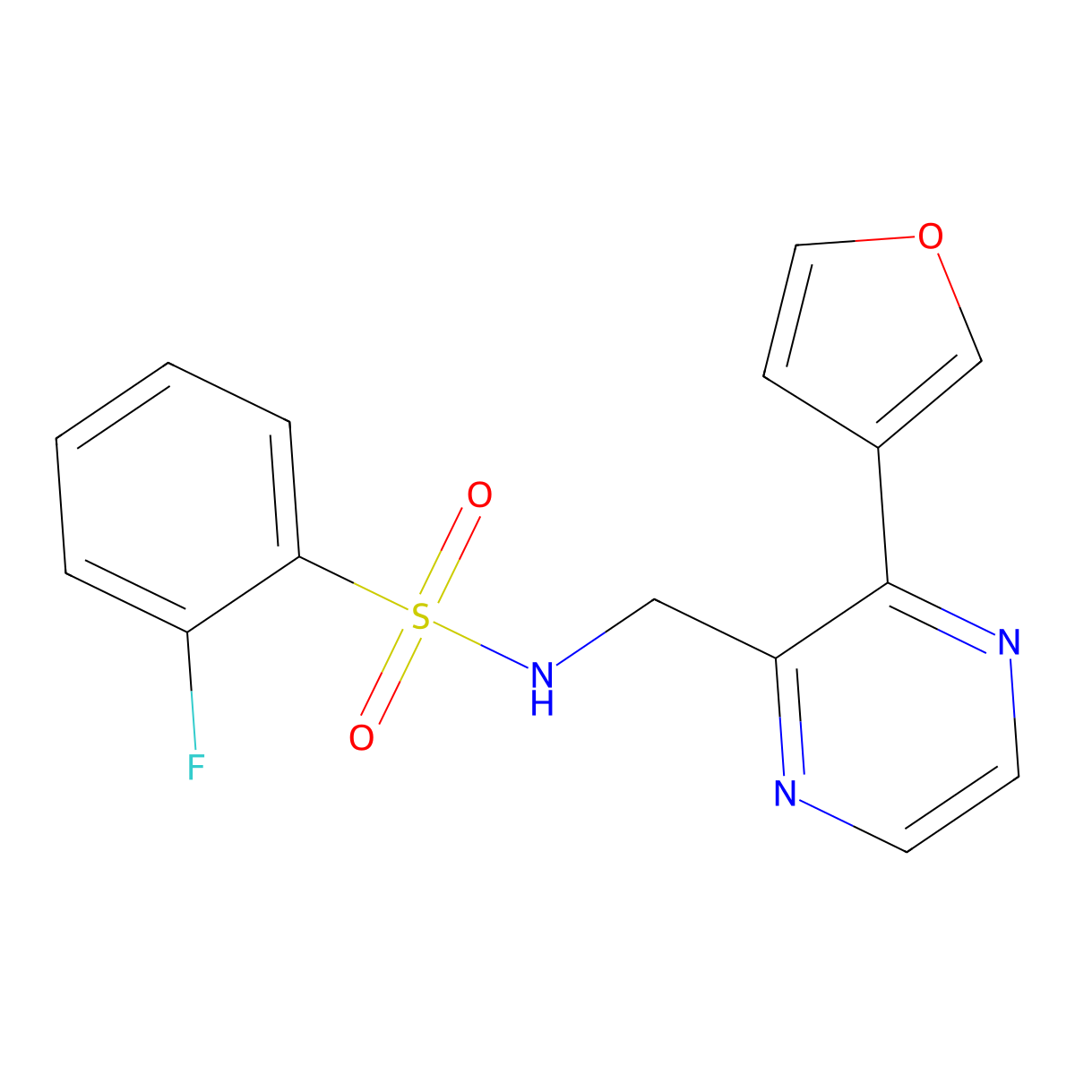 2-fluoro-N-((3-(furan-3-yl)pyrazin-2-yl)methyl)benzenesulfonamide molecular structure, CAS 2034238-11-2