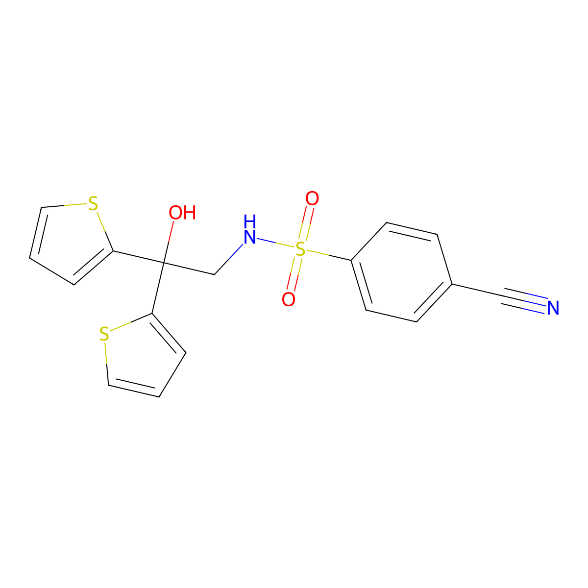 4-cyano-N-(2-hydroxy-2,2-di(thiophen-2-yl)ethyl)benzenesulfonamide molecular structure, CAS 2034238-16-7