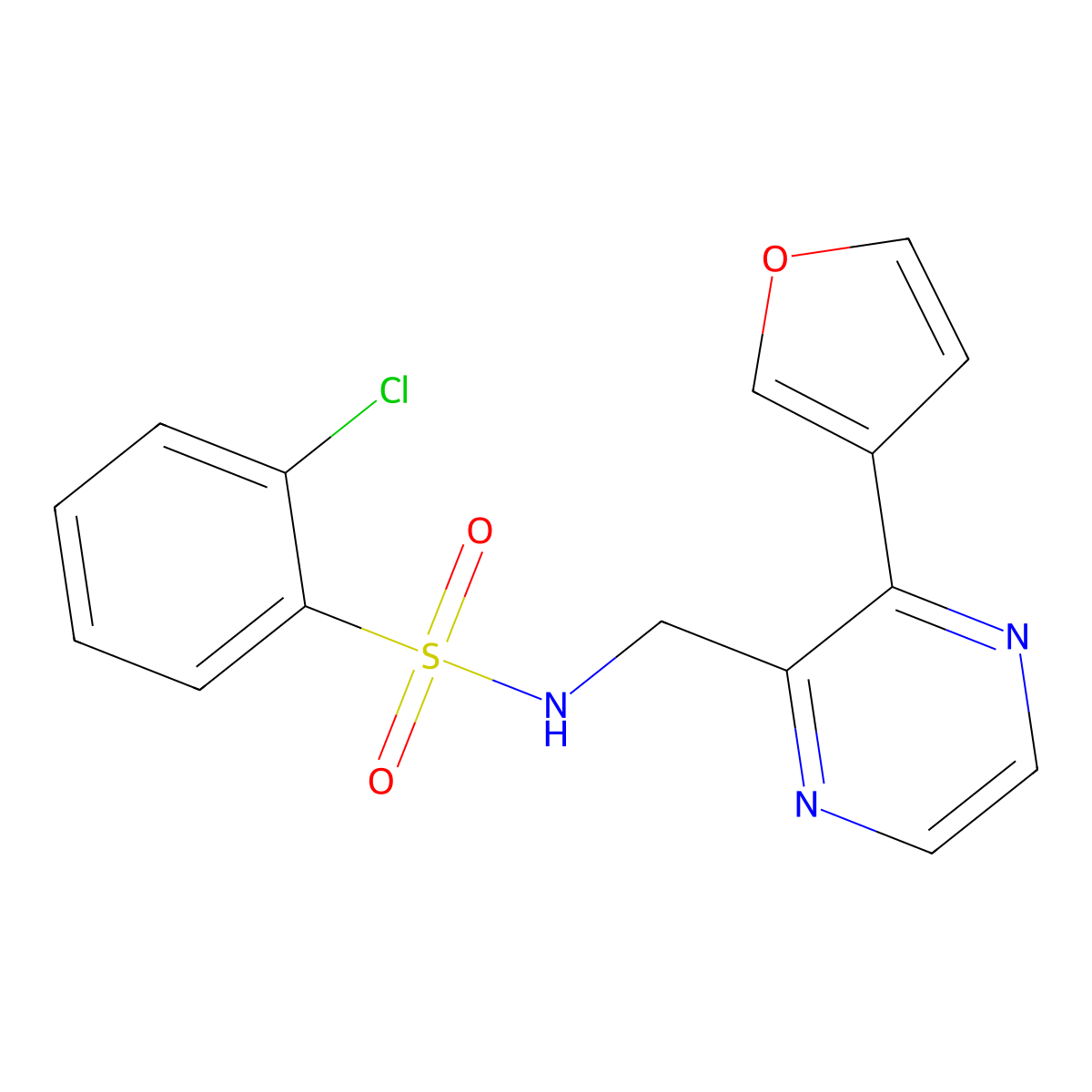 2-chloro-N-((3-(furan-3-yl)pyrazin-2-yl)methyl)benzenesulfonamide molecular structure, CAS 2034238-19-0