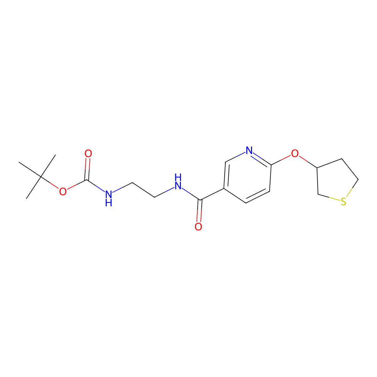 Tert-butyl (2-(6-((tetrahydrothiophen-3-yl)oxy)nicotinamido)ethyl)carbamate molecular structure, CAS 2034238-25-8