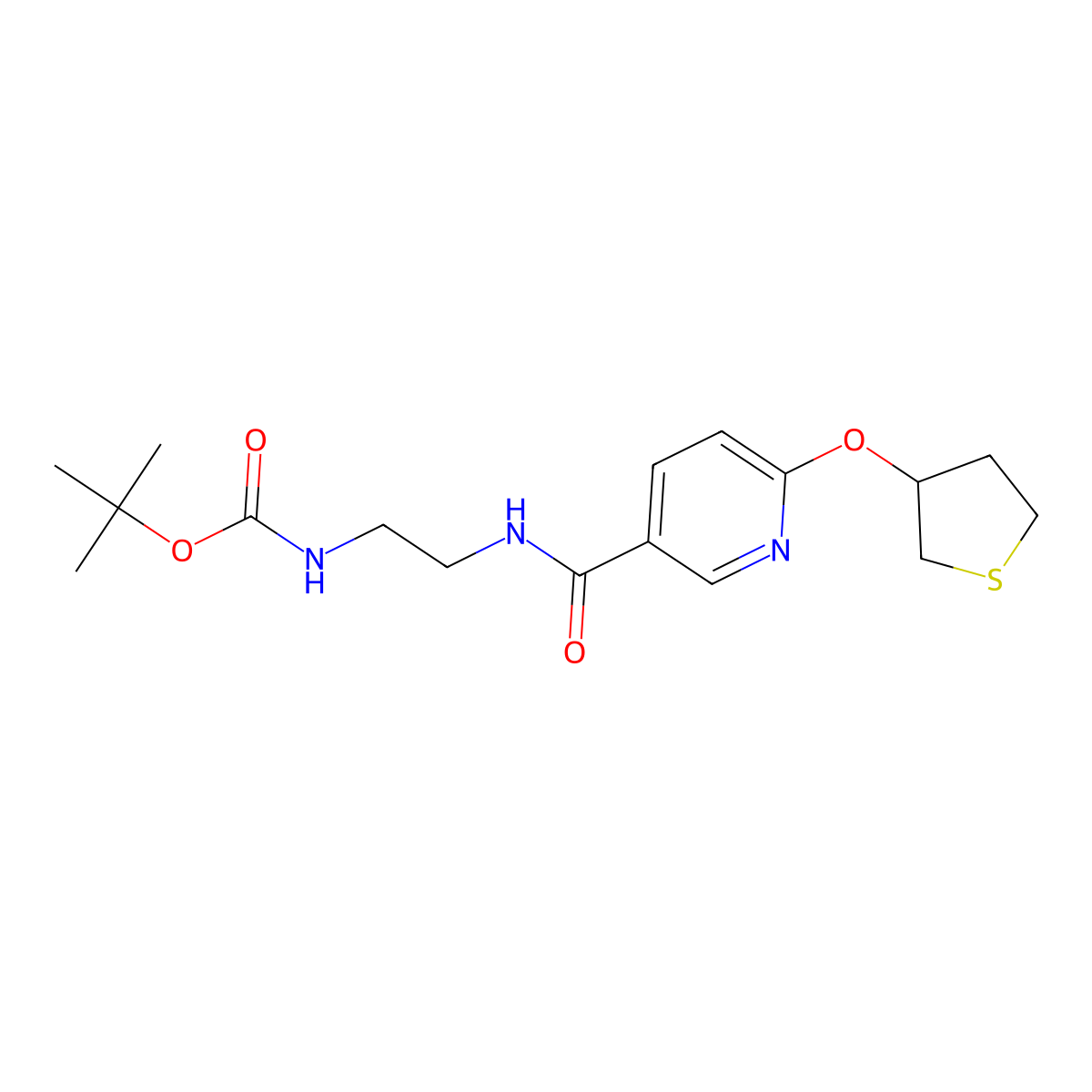 Tert-butyl (2-(6-((tetrahydrothiophen-3-yl)oxy)nicotinamido)ethyl)carbamate molecular structure, CAS 2034238-25-8